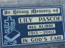 
Lily PASCOE nee KLIBBE, 1915-2002;
Lowood Trinity Lutheran Cemetery (Bethel Section), Esk Shire
