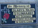 
Gladys Hilda STEINHARDT nee SCHIMKE, 24-3-1922 - 21-2-2003;
Lowood Trinity Lutheran Cemetery (Bethel Section), Esk Shire
