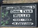 
Errol Evan MULLER, 1945-1989;
Lowood Trinity Lutheran Cemetery (Bethel Section), Esk Shire
