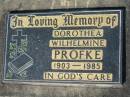 
Dorothea Wilhelmine PROFKE, 1903-1985;
Lowood Trinity Lutheran Cemetery (Bethel Section), Esk Shire
