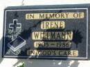 
Irene WILLMAN, 1905-1986;
Lowood Trinity Lutheran Cemetery (Bethel Section), Esk Shire

