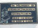 
Wilhelm Friederich SCHIEFELBEIN, 1892-1982;
Lowood Trinity Lutheran Cemetery (Bethel Section), Esk Shire
