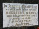 
Augusta E. WENDT, died 14 April 1950 aged 48 years, wife mother;
Lowood Trinity Lutheran Cemetery (St Marks Section), Esk Shire
