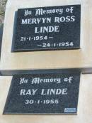 
Mervyn Ross LINDE, 21-1-1954 - 24-1-1954;
Ray LINDE, 30-1-1955;
Lowood Trinity Lutheran Cemetery (St Marks Section), Esk Shire
