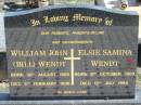 
parents parents-in-law grandparents;
William John (Bill) WENDT, born 30 Aug 1905 died 5 Feb 1998;
Elsie Samina WENDT, born 8 Oct 1909 died 13 July 1995;
Lowood Trinity Lutheran Cemetery (St Marks Section), Esk Shire
