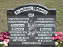 
Victor MANZ, died 24-12-1985 aged 76 years 7 months, husband father pa;
Marie Louise MANZ, died 15-2-2000 aged 88 years 4 months, mother mother-in-law ma;
Lowood Trinity Lutheran Cemetery (St Marks Section), Esk Shire
