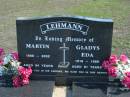 
LEHMANN;
Martin, 1908-2002, aged 94 years;
Gladys Eda, 1918-1999 aged 81 years;
Lowood Trinity Lutheran Cemetery (St Marks Section), Esk Shire
