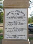 
James Martin ANDREWS,
killed in action France
5 August 1916 aged 26 years;
George Henry ANDREWS,
killed in action France
9 June 1917 aged 28 years;
Bertie Reginald ANDREWS,
killed in action France
10 June 1918 aged 20 years;
sons of David & Fleurine Elise ANDREWS;
Ma Ma Creek Anglican Cemetery, Gatton shire
