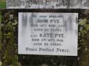 
John PYE, husband,
died 12 Nov 1928 aged 82 years;
Kate PYE,
died 5 Oct 1931 aged 80 years;
Ma Ma Creek Anglican Cemetery, Gatton shire
