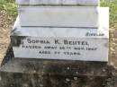 
Otto A. BEUTEL,
died 30 Jan 1927 aged 39 years;
Sophia K. BEUTEL,
died 20 Nov 1967 aged 77 years;
Ma Ma Creek Anglican Cemetery, Gatton shire
