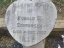 
Ronald R. SORRENSEN,
died 4 Dec 1937;
Shirley Ann SORRENSEN,
died 17-3-1957 aged 11 years;
Doreen M. SORRENSEN,
died 3 Nov 1938;
Ma Ma Creek Anglican Cemetery, Gatton shire
