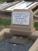 
Francis Peter WOODWARD, husband father,
died 8 Sept 1946 aged 39 years;
F.P. WOODWARD,
died 8 Sept 1946 aged 40 years,
missed by wife & sons;
Ma Ma Creek Anglican Cemetery, Gatton shire
