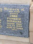 
Thomas William HORROCKS, husband father,
died 1 Feb 1959 aged 65 years;
Janie Florence HORROCKS, mother,
died 23 Oct 1963 aged 70 years;
Ma Ma Creek Anglican Cemetery, Gatton shire

