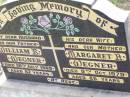 
William WEGNER, husband father,
died 28 July 1969 aged 82 years;
Margaret A. WEGNER, wife mother,
died 9 Oct 1979 aged 86 years;
Ma Ma Creek Anglican Cemetery, Gatton shire
