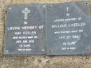 
May KEELER,
died 28 June 1978 aged 72 years;
William J. KEELER,
died 30 Oct 1983 aged 75 years;
Ma Ma Creek Anglican Cemetery, Gatton shire
