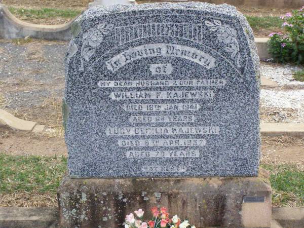 William F. KAJEWSKI, husband father,  | died 18 Jan 1941 aged 68 years;  | Lucy Cecilia KAJEWSKI,  | died 8 Apr 1957 aged 70 years;  | Betty KAJEWSKI, daughter sister,  | died 2 Nov 1953 aged 21 years;  | Ma Ma Creek Anglican Cemetery, Gatton shire  | 