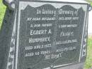 
Egbert A. HUMPHREY, husband father,
died 7 Nov 1933 aged 62 years;
Fanny, wife mother,
died 29 Aug 1959 aged 79 years;
Maclean cemetery, Beaudesert Shire
