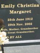 
Charles Henry PRIOR,
22 Feb 1912 - 25 Aug 2004,
husband father grandfather great-grandfather;
Emily Christina Margaret PRIOR,
25 June 1912 - 29 Nov 2002,
wife mother grandmother great-grandmother;
Maclean cemetery, Beaudesert Shire
