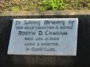 
Dell Fay GRAHAM,
wife mother grandmother great-grandmother,
7-100-1932 - 19-10-1999;
Robyn D. GRAHAM,
died 6 Jan 1959 aged 3 months,
daughter sister;
Marburg Anglican Cemetery, Ipswich
