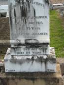 
Christina F. JOHANSEN,
died 6 July 1925 aged 75 years;
Anders JOHANSEN,
died 24 July 1933 aged 84 years;
Marburg Lutheran Cemetery, Ipswich
