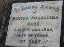 
Martha Magdalena KURZ,
died 21 Jan 1929 aged 53 years;
Marburg Lutheran Cemetery, Ipswich
