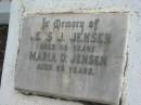 
Jens J. JENSEN, aged 60 years;
Maria D. JENSEN, aged 88 years;
Marburg Lutheran Cemetery, Ipswich
