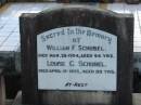 
William F. SCHUBEL,
died 28 Mar 1954 aged 64 years;
Louise C. SCHUBEL,
died 15 April 1975 aged 89 years;
Ivy Irene ZABEL, wife mother,
died 16 June 1961 aged 48? years;
Marburg Lutheran Cemetery, Ipswich
