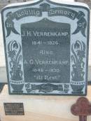 
J.H. VERRENKAMP,
1841 - 1926;
A.G. VERRENKAMP;
1846 - 1930;
Beryl Myra ANDERSON,
19-8-1916 7-10-1998,
great grandaughter of the VERRENKAMP family;
Marburg Lutheran Cemetery, Ipswich

