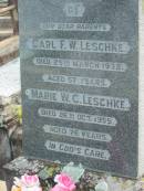 
parents;
Carl F.W. LESCHKE,
died 25 March 1932 aged 57 years;
Marie W.C. LESCHKE,
died 26 Oct 1955 aged 76 years;
Marburg Lutheran Cemetery, Ipswich
