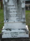 
Herman LESCHKE,
died 4 Feb 1928 aged 79 years;
Johann LESCHKE,
1863 - 1940;
Marburg Lutheran Cemetery, Ipswich
