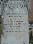 
August Frederich ABRAHAM,
born 29 Jan 1850 died 1 July 1923
Mary C.E. ABRAHAM,
died 19 Aug 1940 aged 85 years;
Marburg Lutheran Cemetery, Ipswich
