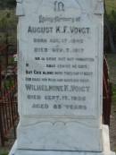 
August K.F. VOIGT,
born 17 Aug 1842 died 7 Nov 1917;
Wilhelmine K. VOIGT,
died 17 Sept 1936 aged 89 years;
Marburg Lutheran Cemetery, Ipswich
