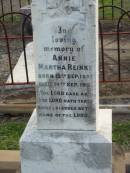 
Annie Martha REINKE,
born 12 Sept 1897 died 14 Sept 1911;
Marburg Lutheran Cemetery, Ipswich
