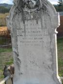 
Eva Mary, wife of W.P. ALTMANN,
born 23 Sept 1895 died 24 Feb 1916;
Marburg Lutheran Cemetery, Ipswich
