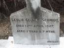 
Leslie George SCHMIDT,
died 13 April 1927
aged 1 year 7 months;
Marburg Lutheran Cemetery, Ipswich
