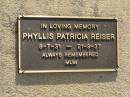 
Phyllis Patricia REISER,
8-7-31 - 21-9-37,
remembered by mum;
Maroon General Cemetery, Boonah Shire
