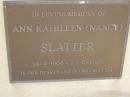 
Ann Kathleen (Nancy) SLATTER,
14-2-1908 - 23-6-1988;
Maroon General Cemetery, Boonah Shire
