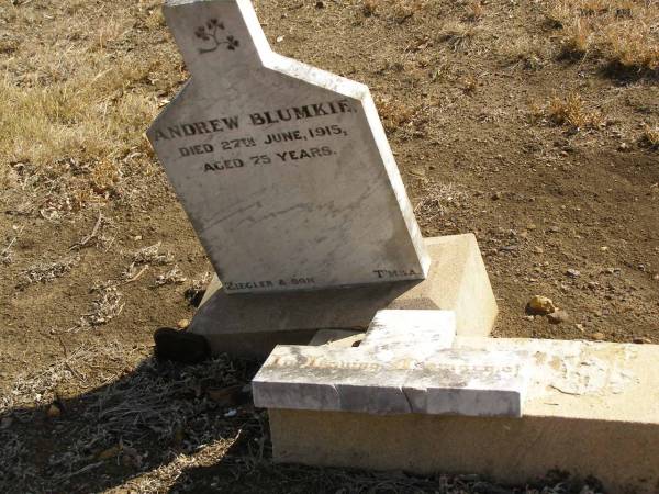 Andrew BLUMKIE,  | died 27 June 1915 aged 75 years;  | Meringandan cemetery, Rosalie Shire  | 