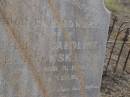 
Carl BARTKOWSKI,
husband of Wilhelmina BARTKOWSKI,
born Mourengen? Germany 7? Sept 1831,
died 22 Feb 1916 aged 83 years;
Minnie BARTKOWSKI,
mother,
died 13 Apr 1933 aged 89 years;
Thedor BARTKOWSKI,
son of Fredick & Caroline BARTKOWSKI,
died 5 Nov 1915 in 13th year;
Meringandan cemetery, Rosalie Shire
