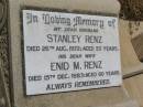 
Stanley RENZ,
husband,
died 26 Aug 1972 aged 53 years;
Enid M. RENZ,
wife,
died 15 Dec 1983 aged 60 years;
Milbong St Lukes Lutheran cemetery, Boonah Shire
