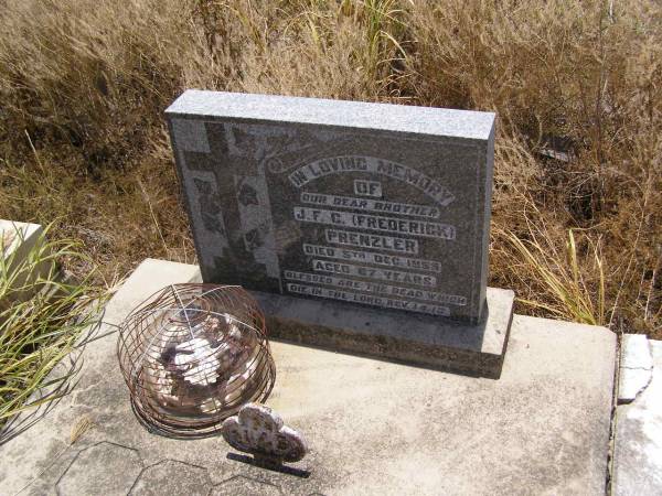 J.F.C. (Frederick) PRENZLER,  | brother,  | died 5 Dec 1955 aged 67 years;  | Milbong St Luke's Lutheran cemetery, Boonah Shire  | 