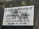 
Johann G ZABEL
27 Jul 1966, aged 79 yrs 10 months
Minden Zion Lutheran Church Cemetery
