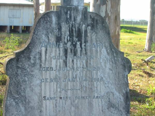 Annie C ECKART (geb RAMSEN)  | geb Jul 27 1829; gest Jan 14 1916  | Minden/Coolana - St Johns Lutheran  | 