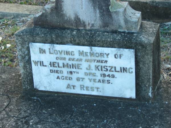 Wilhelmine J KISZLING  | 19 Dec 1949 aged 67  | Minden/Coolana - St Johns Lutheran  | 