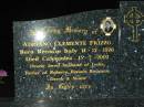 
Adriano Clemente FRIZZO,
born Recoaro Italy 14-12-1926,
died Caloundra 15-7-2002,
husband of Lydia,
father of Roberto, Renato, Rosanna, Derek & Shane;
Mooloolah cemetery, City of Caloundra

