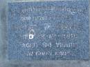 
Violet M. SMITH,
mother,
died 12-12-1980 aged 94 years;
Mooloolah cemetery, City of Caloundra

