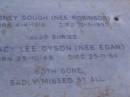 
Sydney GOUGH (nee ROBINSON),
born 4-4-1916,
died 12-5-1982;
Tracy Lee DYSON (nee EGAN),
born 29-10-66,
died 25-11-84;
Mooloolah cemetery, City of Caloundra

