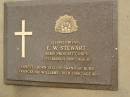 
Ernest W. STEWART,
born 1912,
died 15 March 2000 aged 87 years,
husband of Ruby Frances (nee WILLIAMS)
died 1998 aged 80;
Mooloolah cemetery, City of Caloundra

