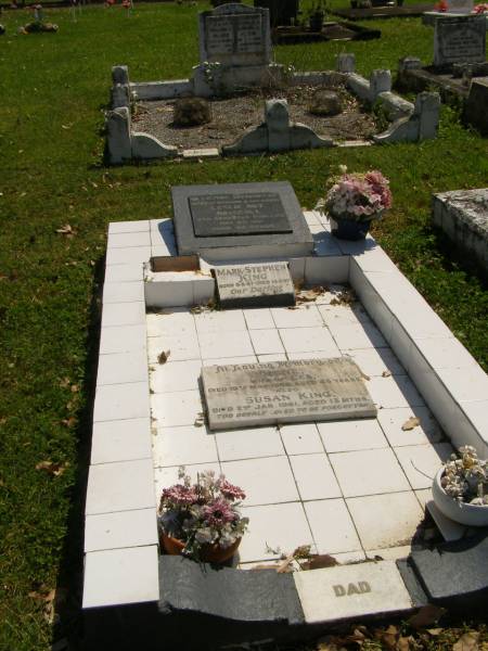 Leslie Roy DRISCOLL,  | husband daddy,  | died 24 May 1951 aged 42 years;  | Irene Mavis DRISCOLL,  | aged 45 years;  | Mark Stephen KING,  | born 5-5-57,  | died 14-5-57;  | Rene,  | wife of Les,  | died 19 May 1959 aged 45 years;  | Susan KING,  | died 2 Jan 1961 aged 13 months;  | Moore-Linville general cemetery, Esk Shire  | 