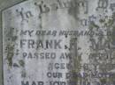 
Frank H. MASTERS,
husband father,
died 2 April 1953 aged 59 years;
Marjorie M. MASTERS,
mother,
died 15 Aug 1959 aged 56 years;
Moore-Linville general cemetery, Esk Shire
